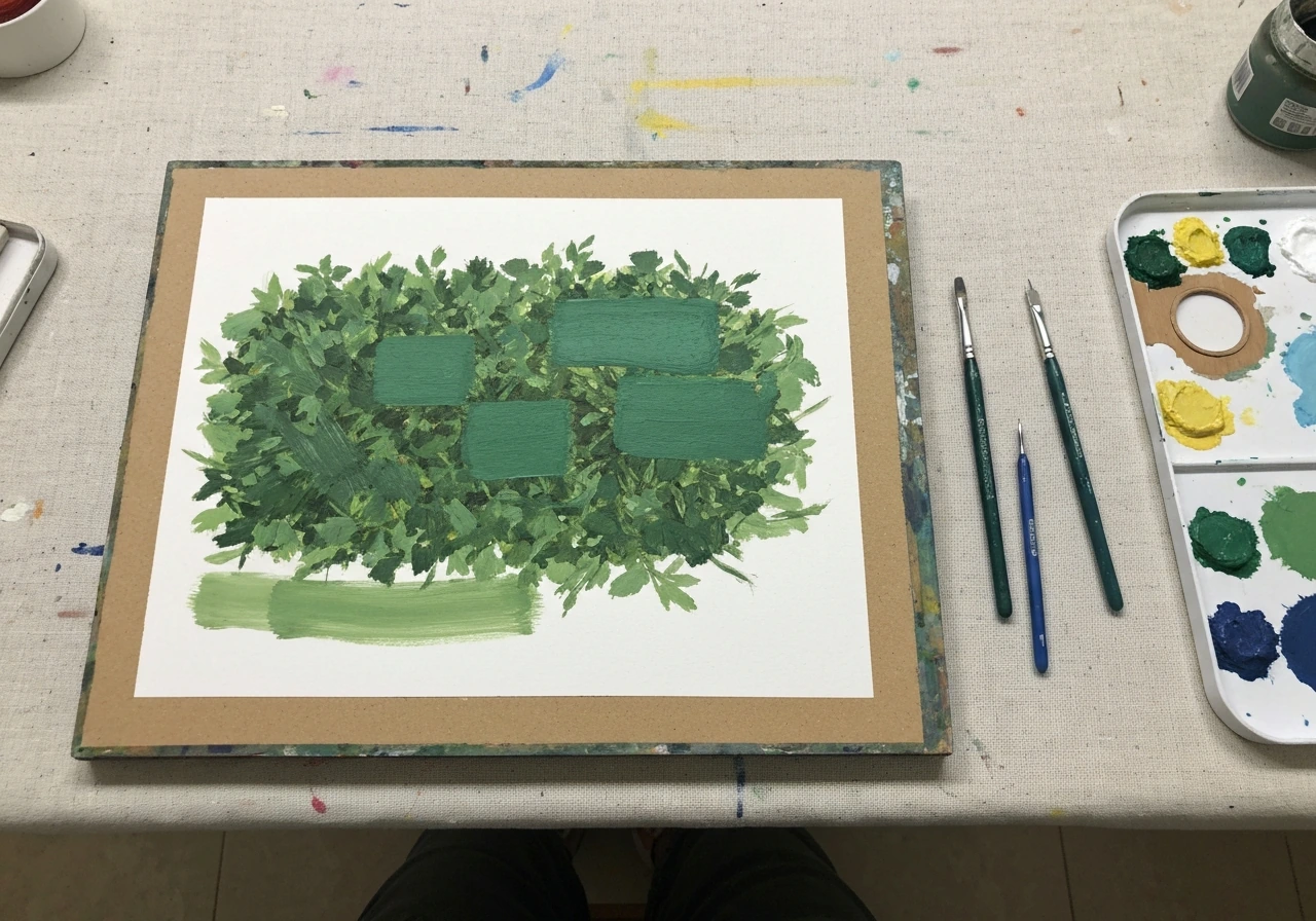 Atelier de peinture : pinceaux plats et fins, palette, godets et un support avec des masses d’herbe en cours.
