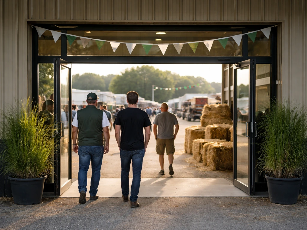 Entrée d’un hall agricole avec bottes de foin et banderoles, ambiance de salon de l’herbe.