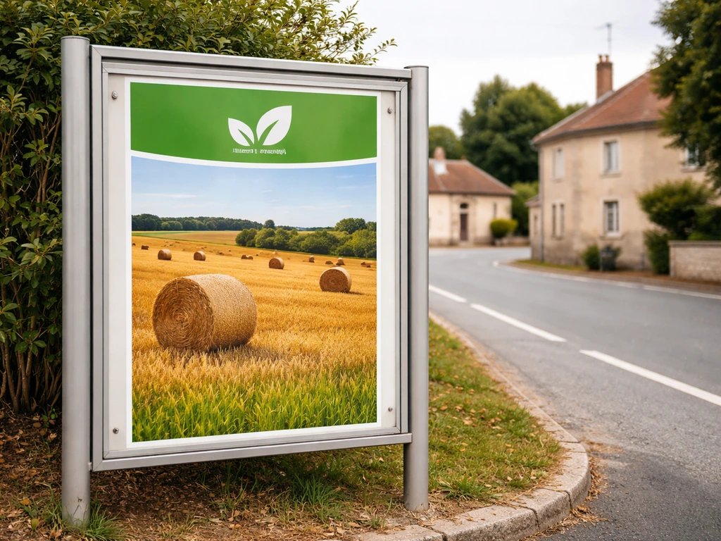 Panneau d’affichage avec affiche de salon agricole, à Villefranche-d’Allier, pour lever la confusion.