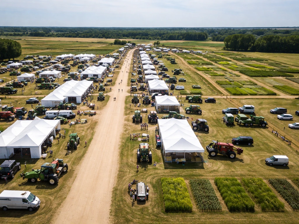 Vue aérienne réaliste d’un grand salon en plein air avec allées, tentes et zones d’exposants