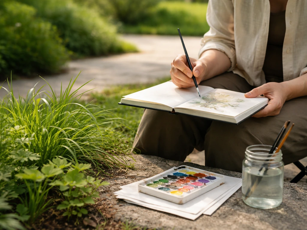 Personne anonyme en plein air, carnet et palette à côté pour dessiner l’herbe en couleurs sur le vif.