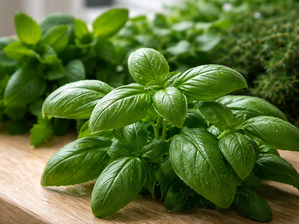 Feuilles de basilic commun fraîches, vues de près, à côté d’autres herbes vertes floues