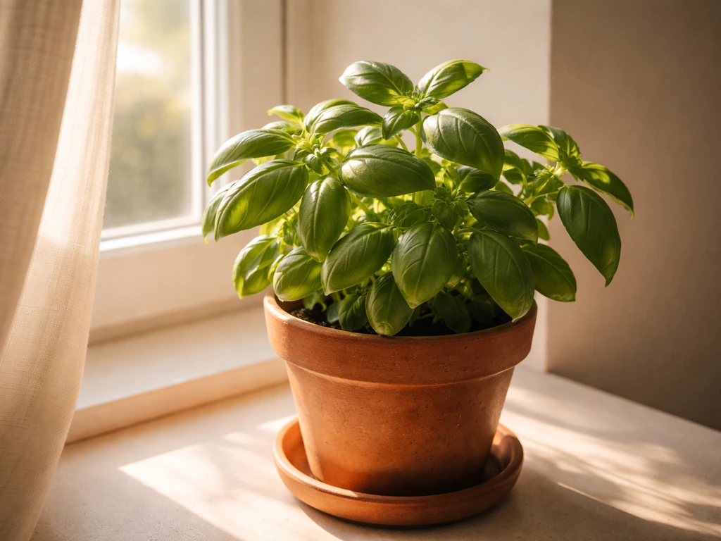 Pot de basilic vert sur rebord de fenêtre bien éclairé par le soleil, feuilles nettes et ambiance jardin.