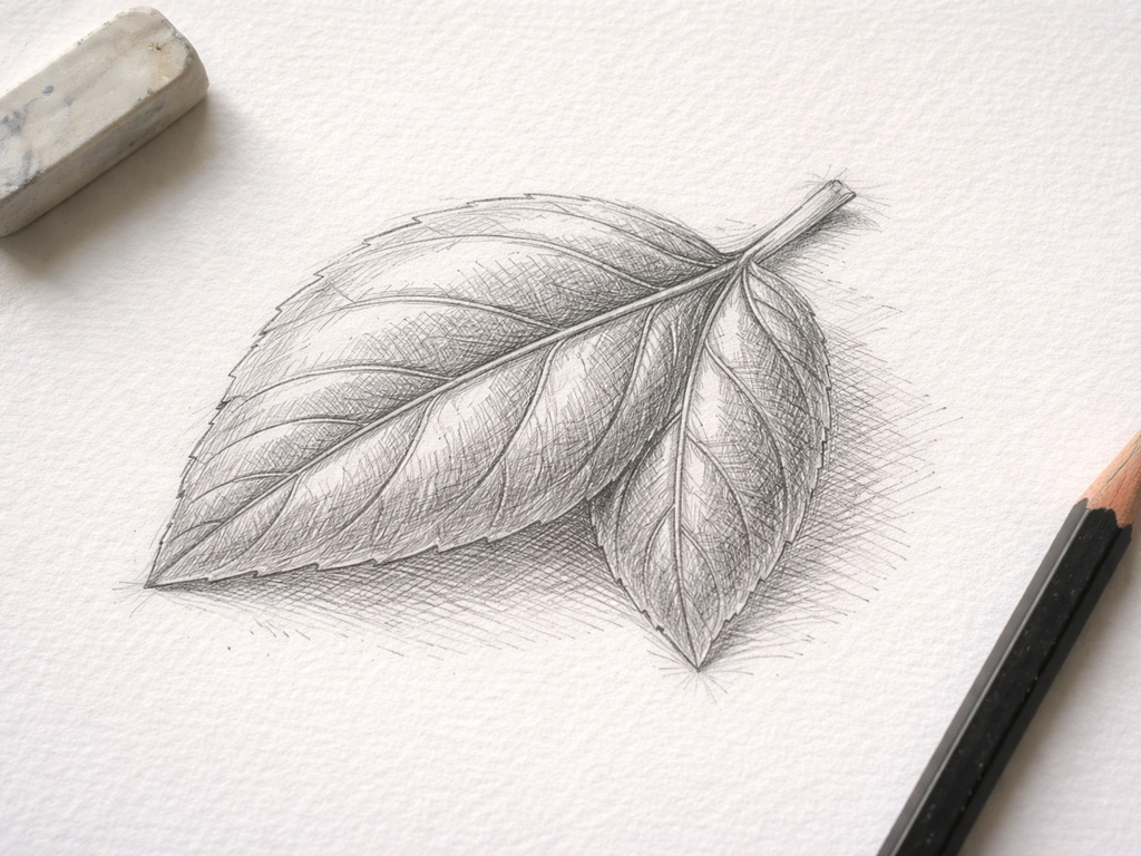 Feuille de basilic dessinée au crayon sur papier, avec hachures directionnelles pour révéler les nervures.