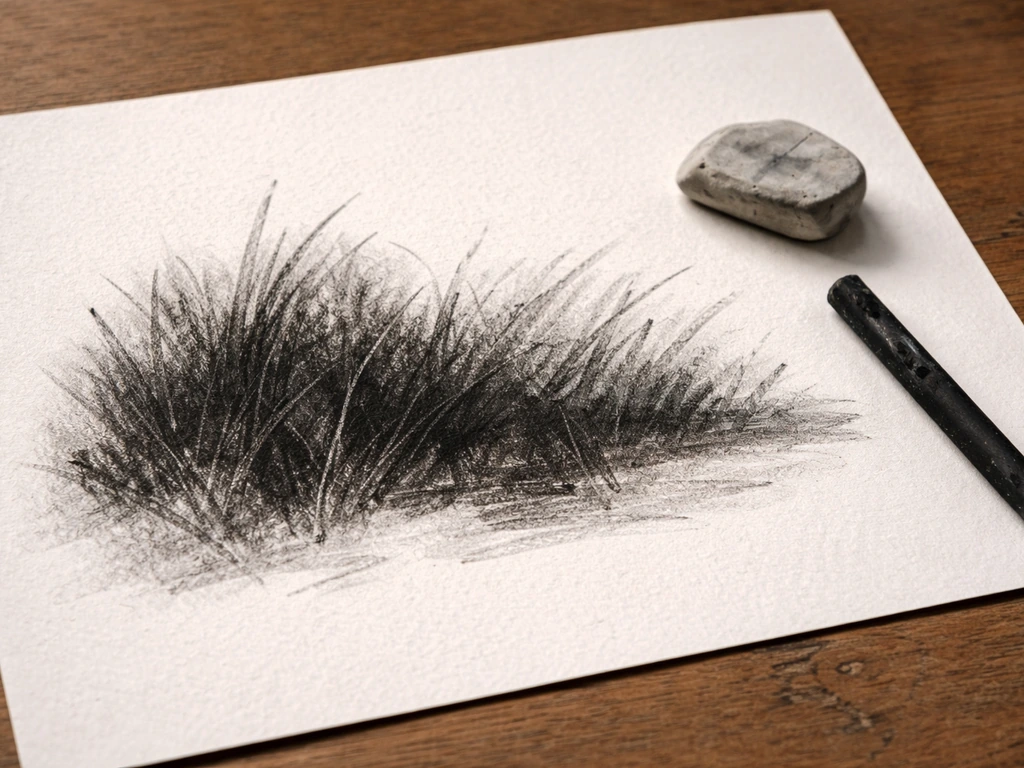 Gros plan d’un dessin au fusain montrant de grandes masses d’ombres sur l’herbe avant les brins individuels