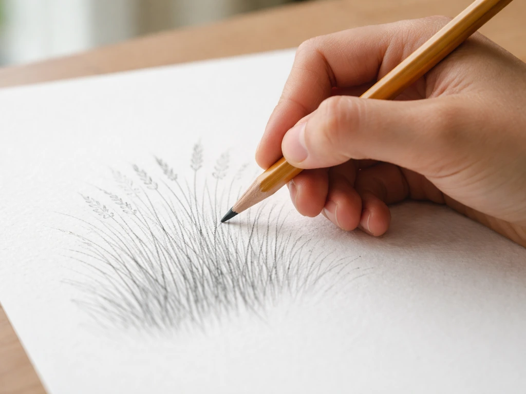 Main guidant un crayon sur papier pour suggérer des brins d’herbe haute, gestes courbes vers le haut.