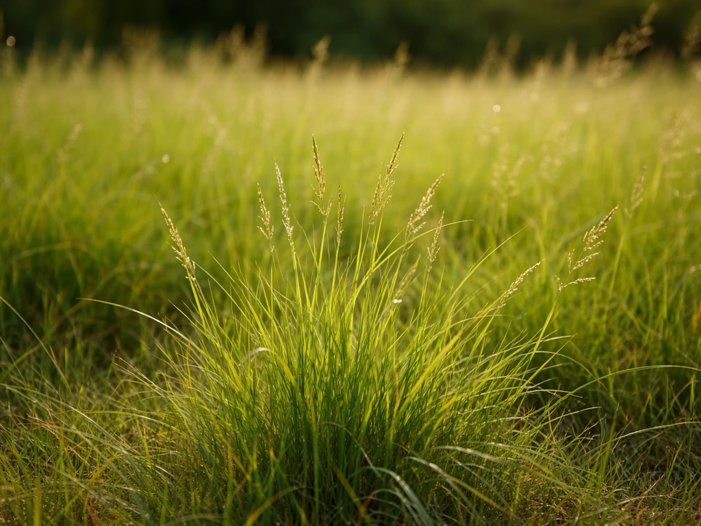 Herbe haute au premier plan très nette, arrière-plan flou en masses pour montrer la profondeur par superposition.