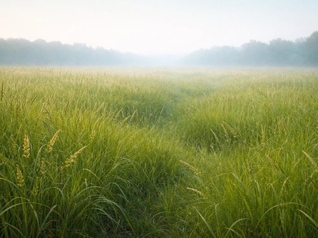 Herbe haute en perspective, au loin verts bleutés et détails adoucis par la perspective atmosphérique.