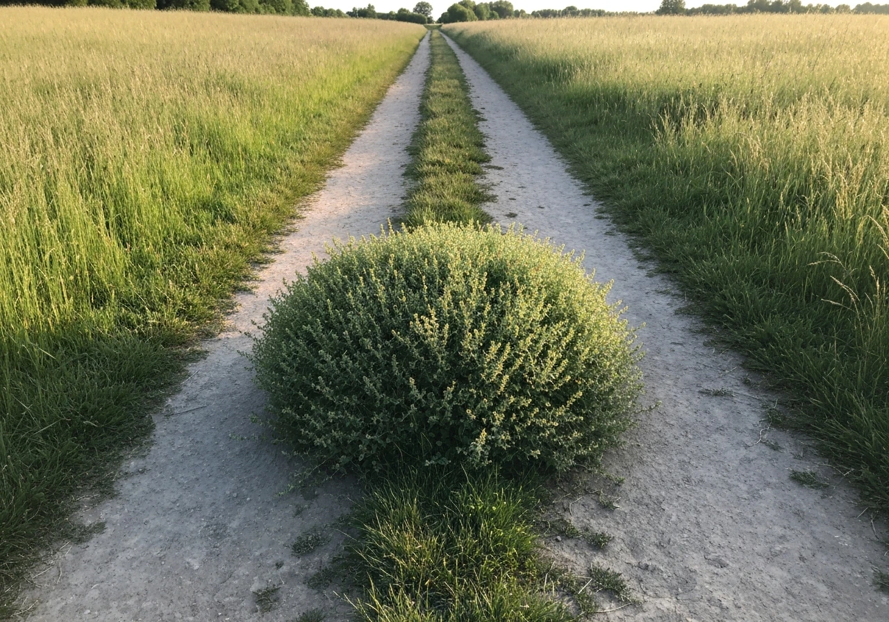 Premier plan d’herbe en touffes, touches impressionnistes visibles, lumière rasante dans une prairie bordant un chemin.