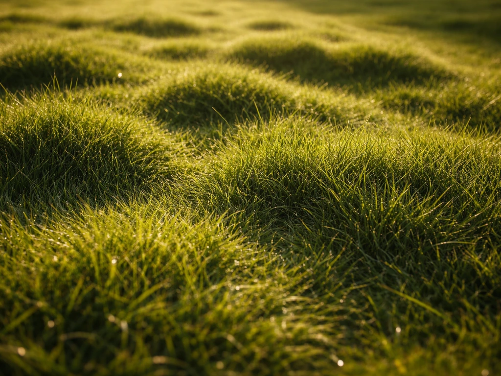 Gros plan d’herbe au petit matin, lumière rasante révélant textures et formes des touffes.