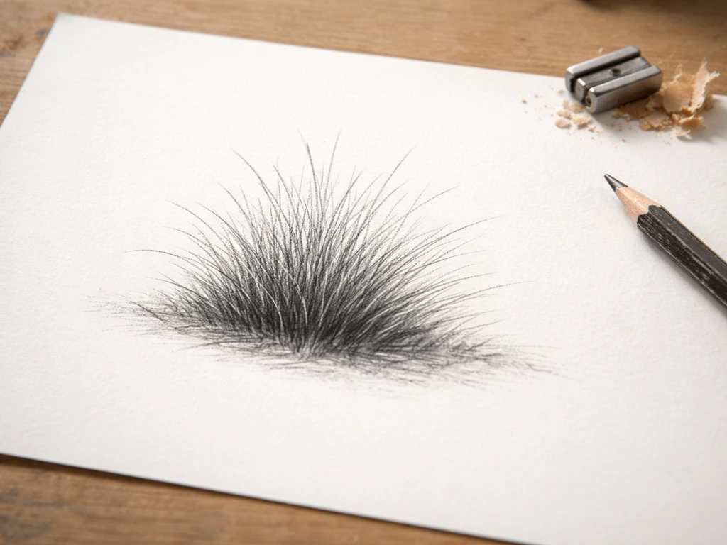 Feuille avec croquis minimal d’une touffe d’herbe en négatif : zones sombres à la base et éclaircies vers le haut.