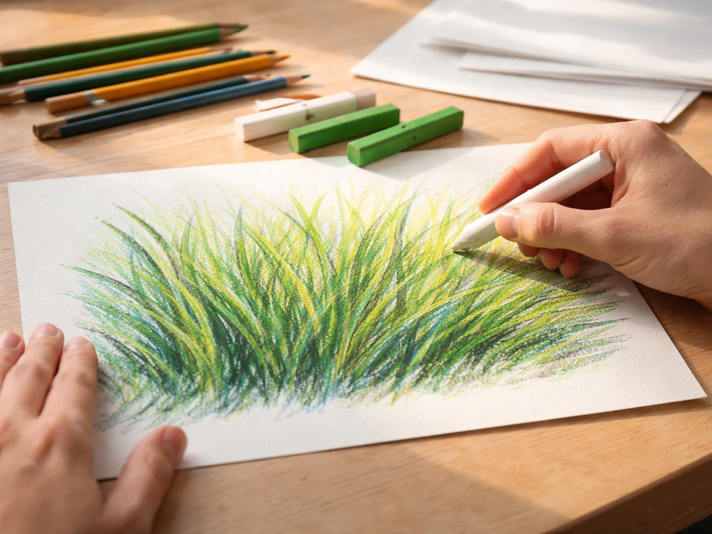 Mains en train de colorier de l’herbe au pastel, craie et crayons, avec couches de verts sur un dessin.