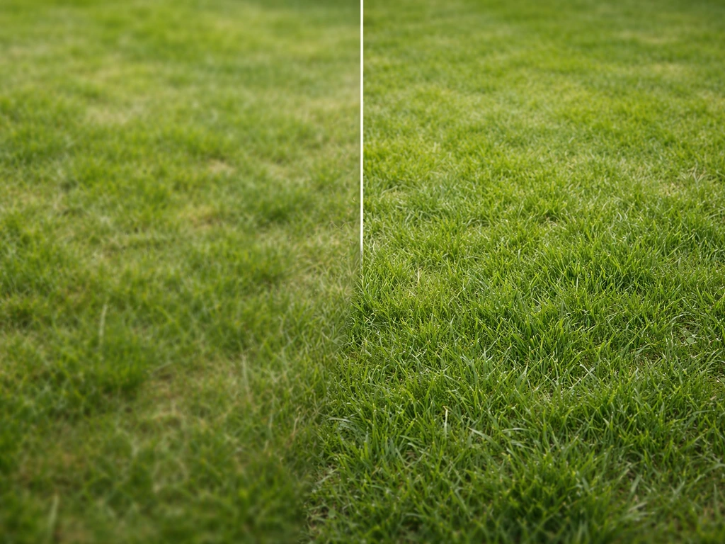 Herbe au sol avec zone floue/pixelisée à gauche et herbe nettement plus détaillée à droite.