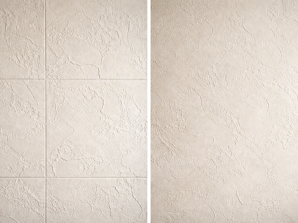 Texture murale avec motif répétitif visible, puis rendu plus homogène sans raccords, scène minimaliste.