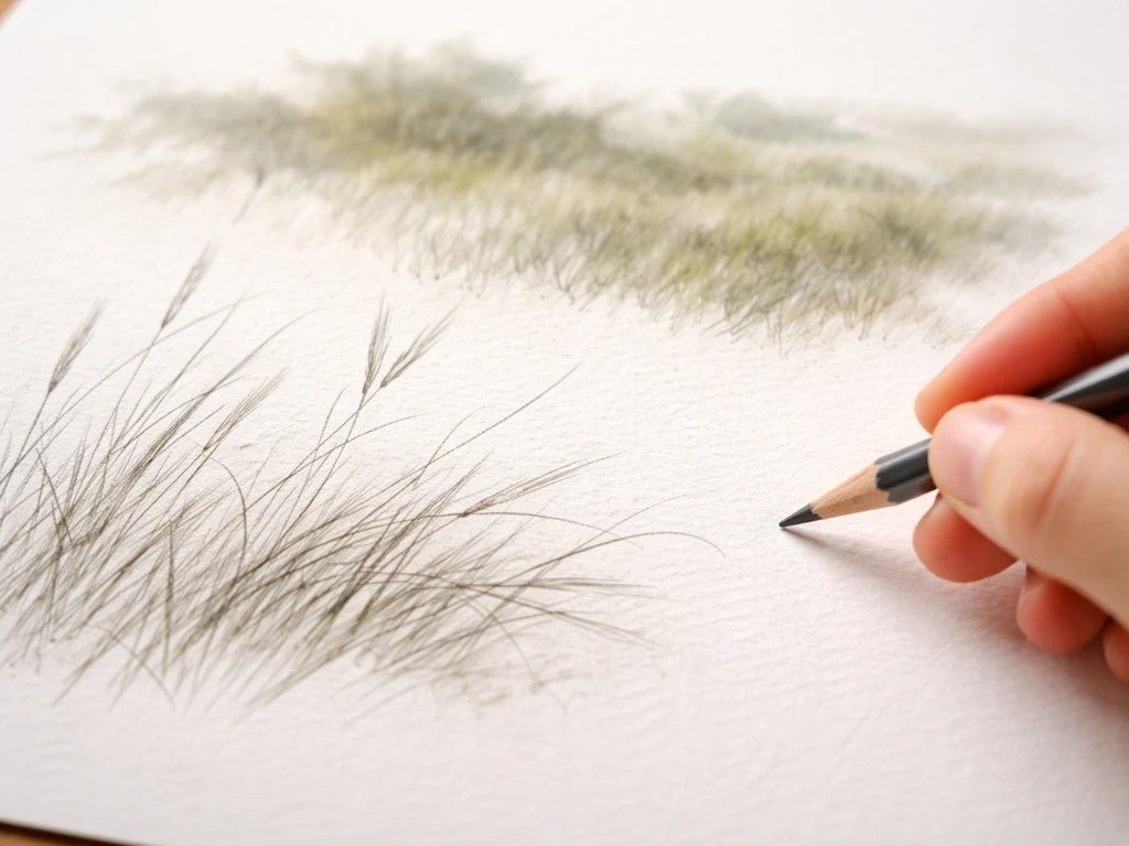 Feuille de dessin : brins d’herbe au trait au premier plan, masses et taches de valeur en arrière-plan.