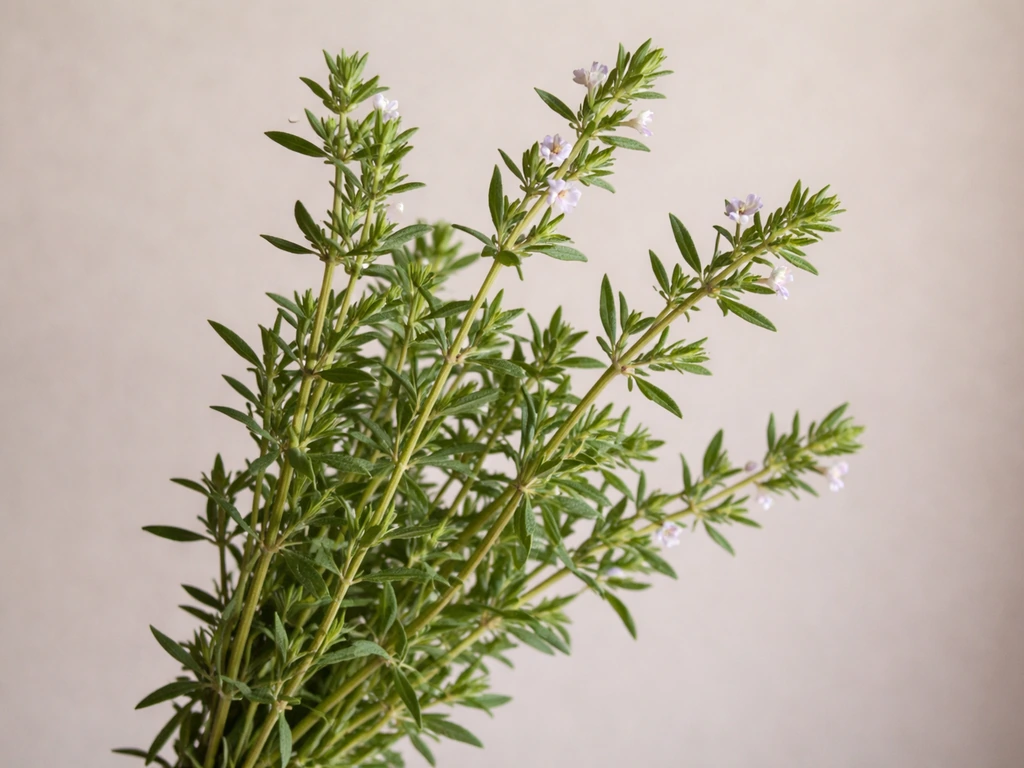Plan rapproché naturaliste de sarriette herbe fraîche, feuilles et petites fleurs, sur fond neutre.