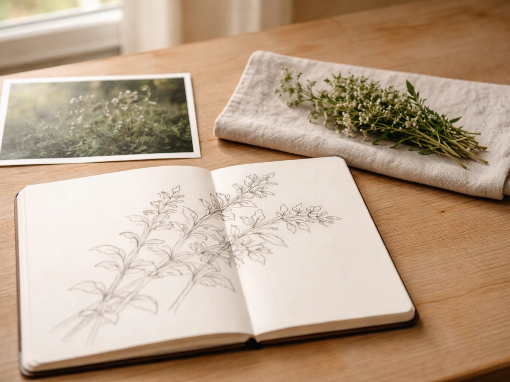 Croquis au crayon de sarriette à côté d’une photo et d’un petit bouquet, sur table en bois près d’une fenêtre.