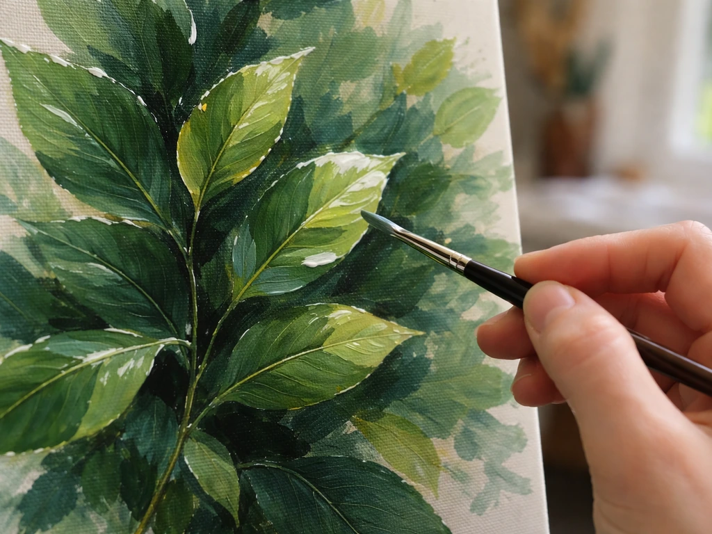 Pinceau appliquant de petites touches de blanc sur des feuilles peintes sur une toile en cours.