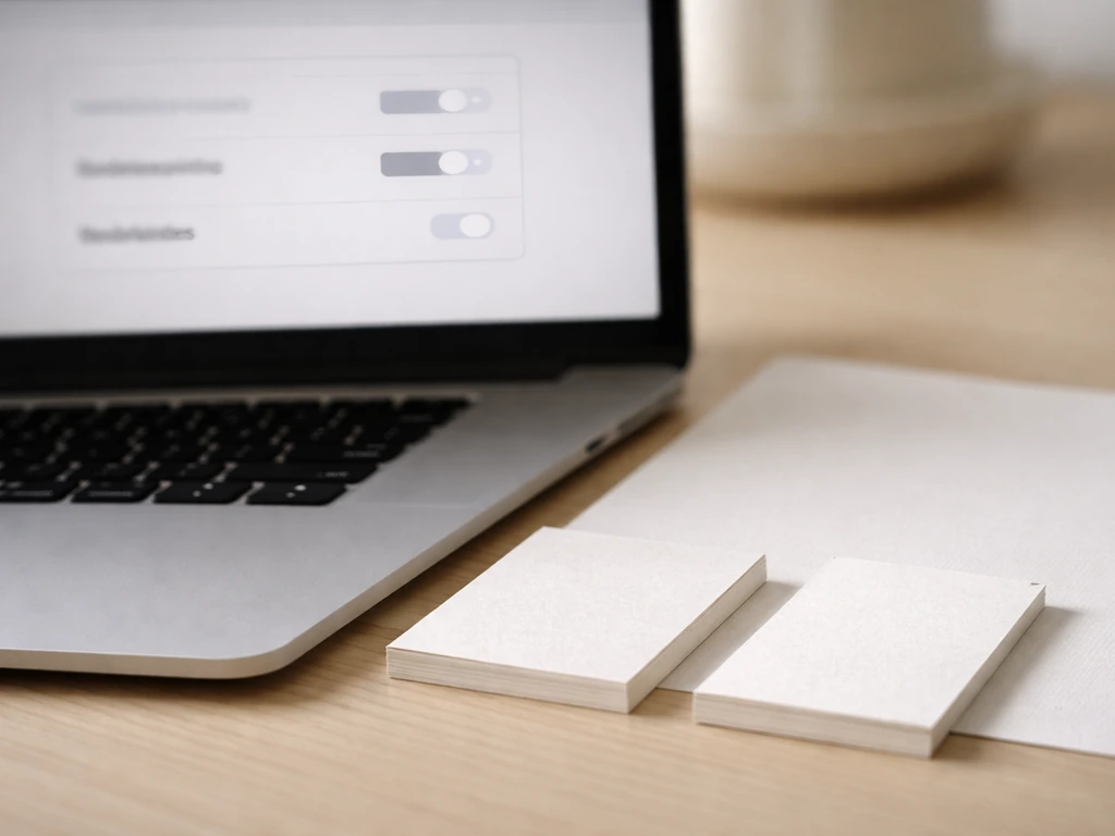 Gros plan sur des réglages d’impression et deux échantillons de papier (fin et épais) sur un bureau.