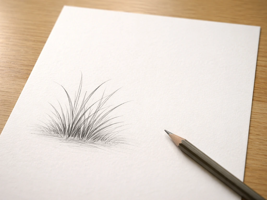Feuille avec brins d’herbe dessinés au crayon, hachures et directions de pousse visibles.