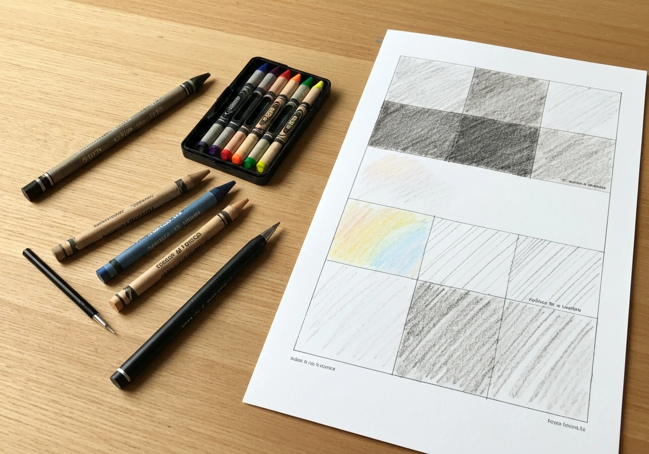 Table en bois avec crayons graphite, couleurs, feutre fin et aquarelle, sur un modèle imprimé montrant plusieurs effets.
