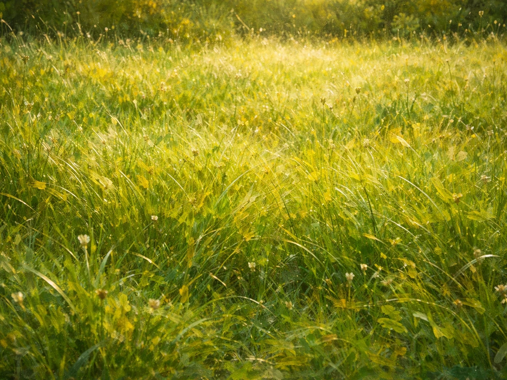 Prairie peinte façon impressionniste, éclats de lumière et touches de pinceau en verts variés.
