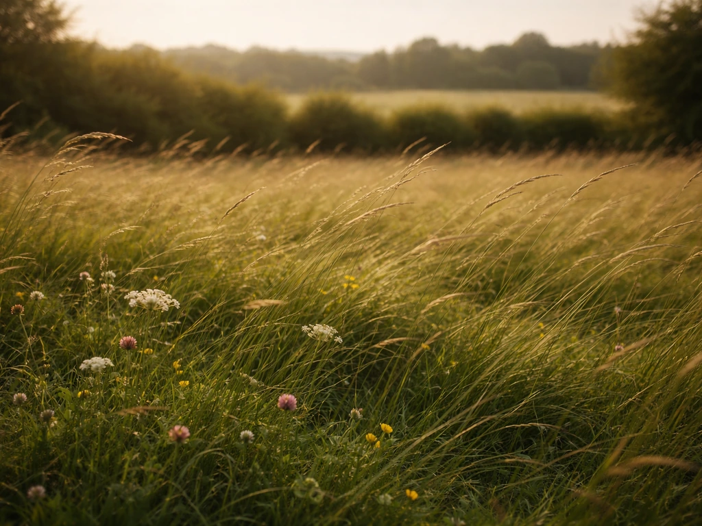 Pré français à la lumière de fin d’après-midi, herbe en mouvement, atmosphère impressionniste