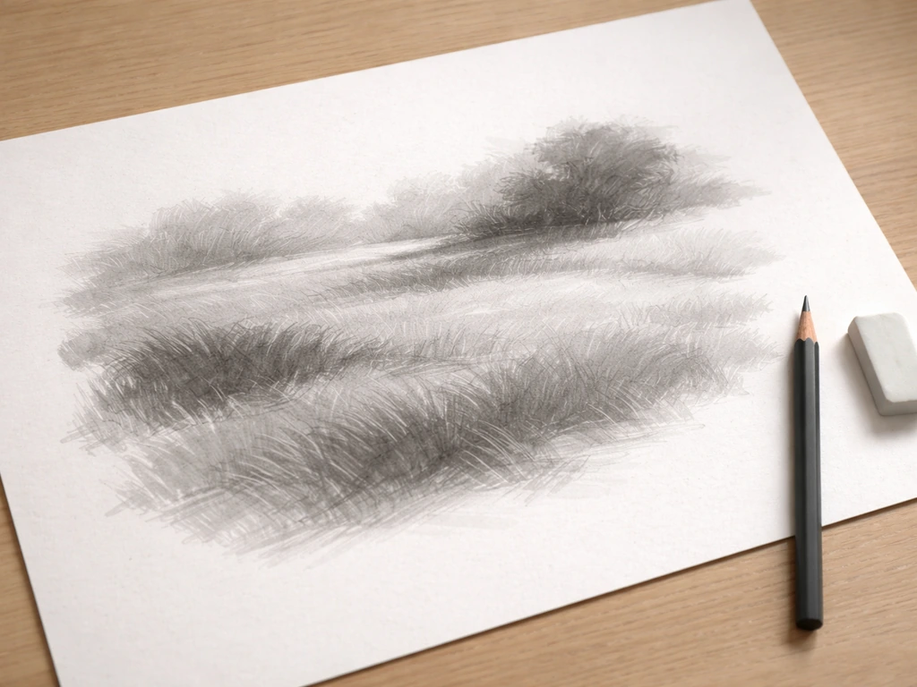 Silhouette de pelouse en valeurs, gros aplats au crayon et dégradés montrant la composition.