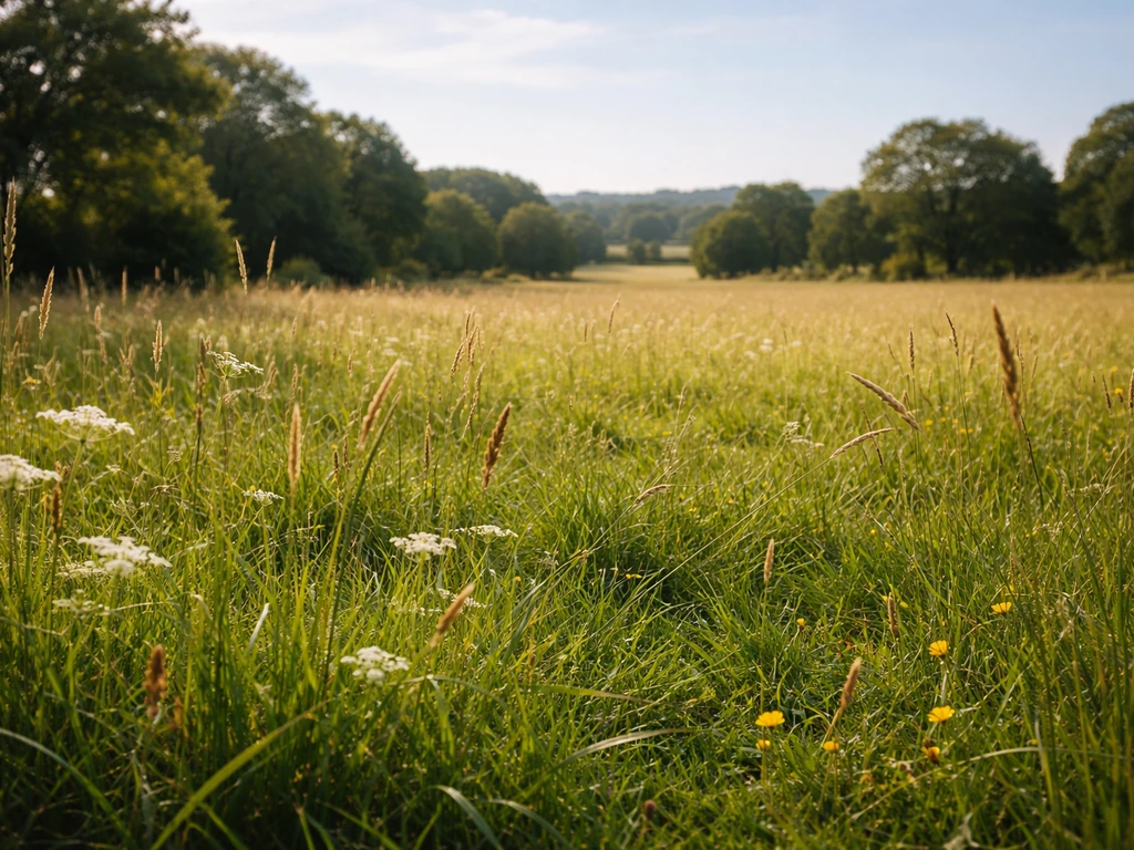 Photo d’un pré : herbe très détaillée au premier plan, arrière-plan plus simple et brumeux.