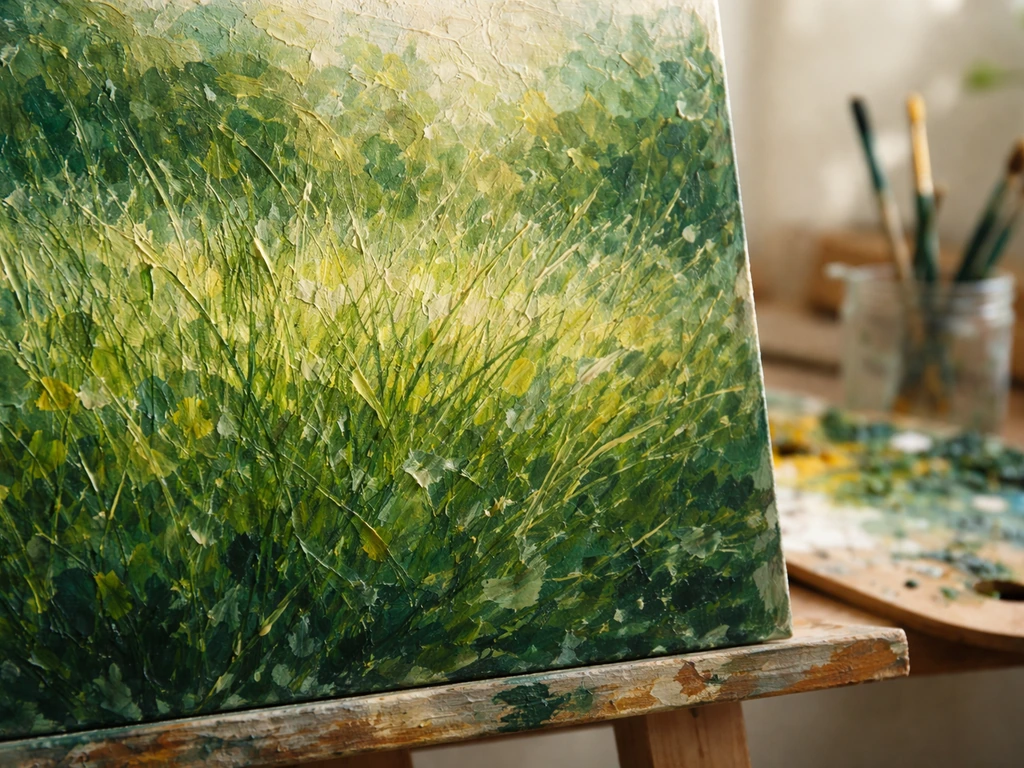 Toile impressionniste en cours : herbe peinte par touches de pinceau et pointillés verts visibles.
