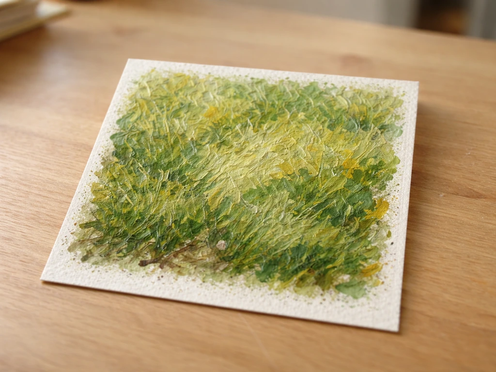 Gros plan d’un petit carré de papier aquarelle 10x10 cm avec touches courtes dans plusieurs directions simulant de l’her
