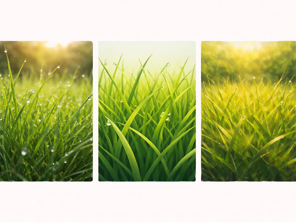 Trois rendus d’un fond d’herbe : photo réaliste, illustration dessinée et peinture à l’huile.