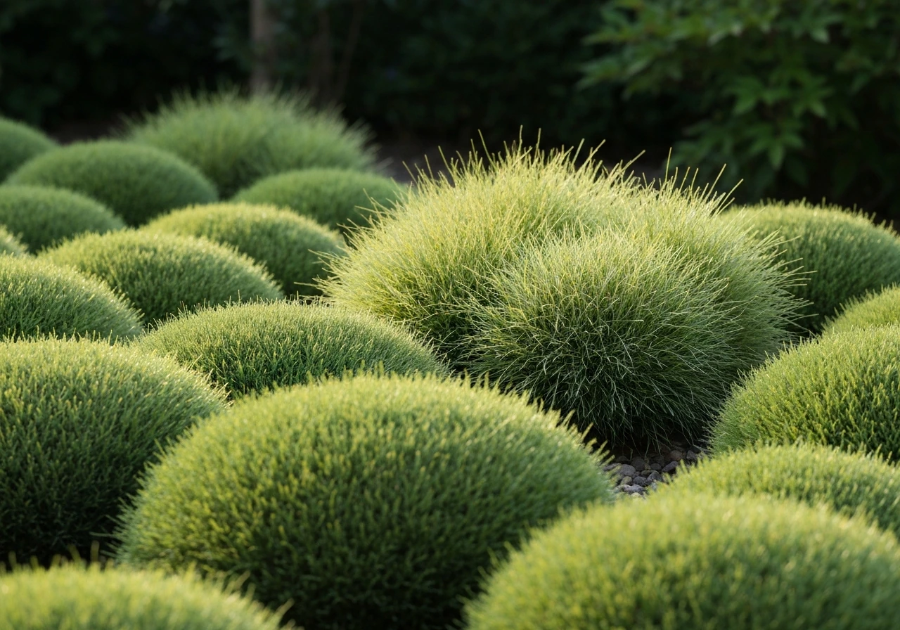 Herbe de jardin aux verts variés, éclairée par la lumière de côté avec ombres douces au premier plan et en arrière-plan.