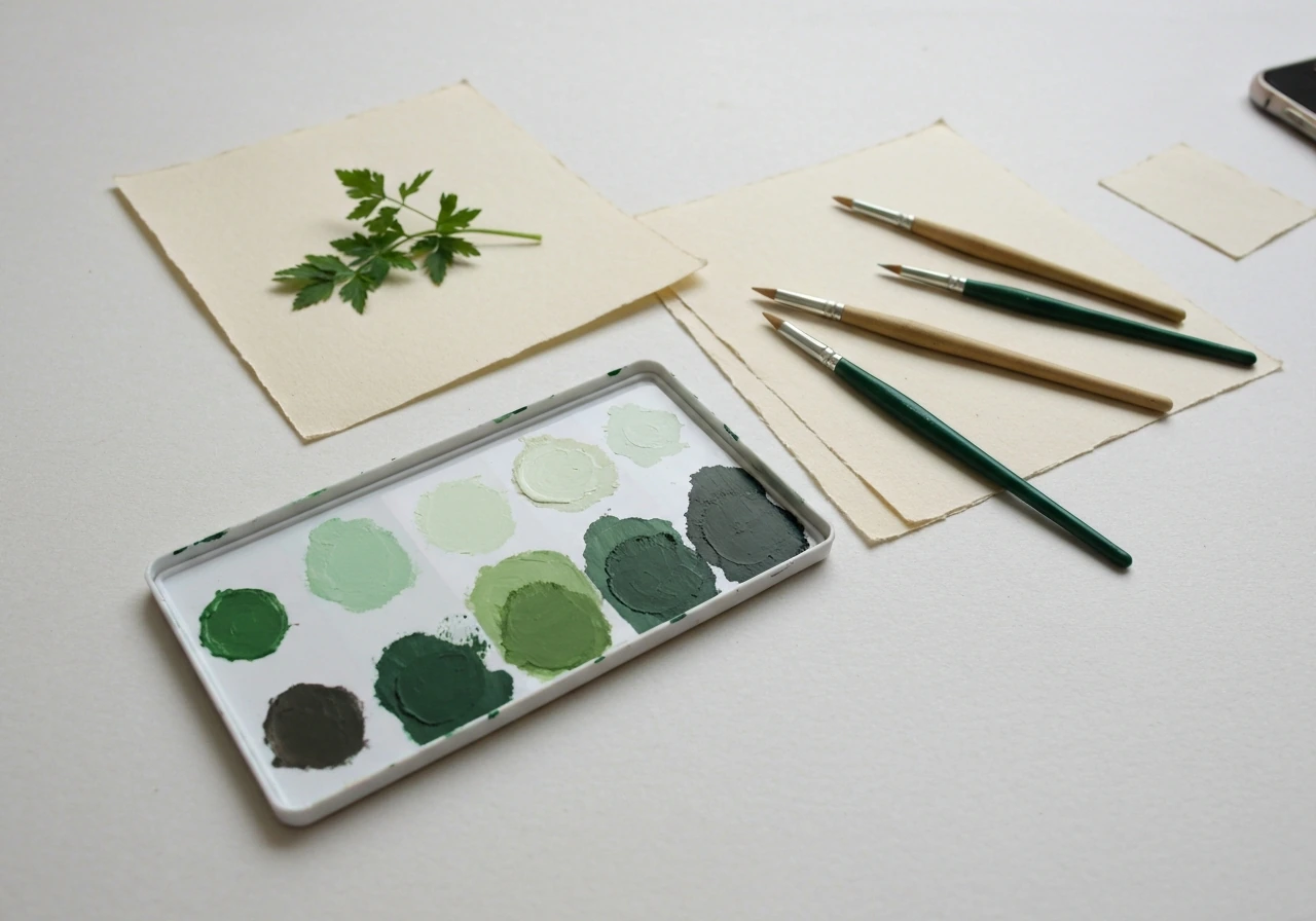 Palette de verts et pinceaux sur une table, prête pour colorier l’herbe façon impressionniste