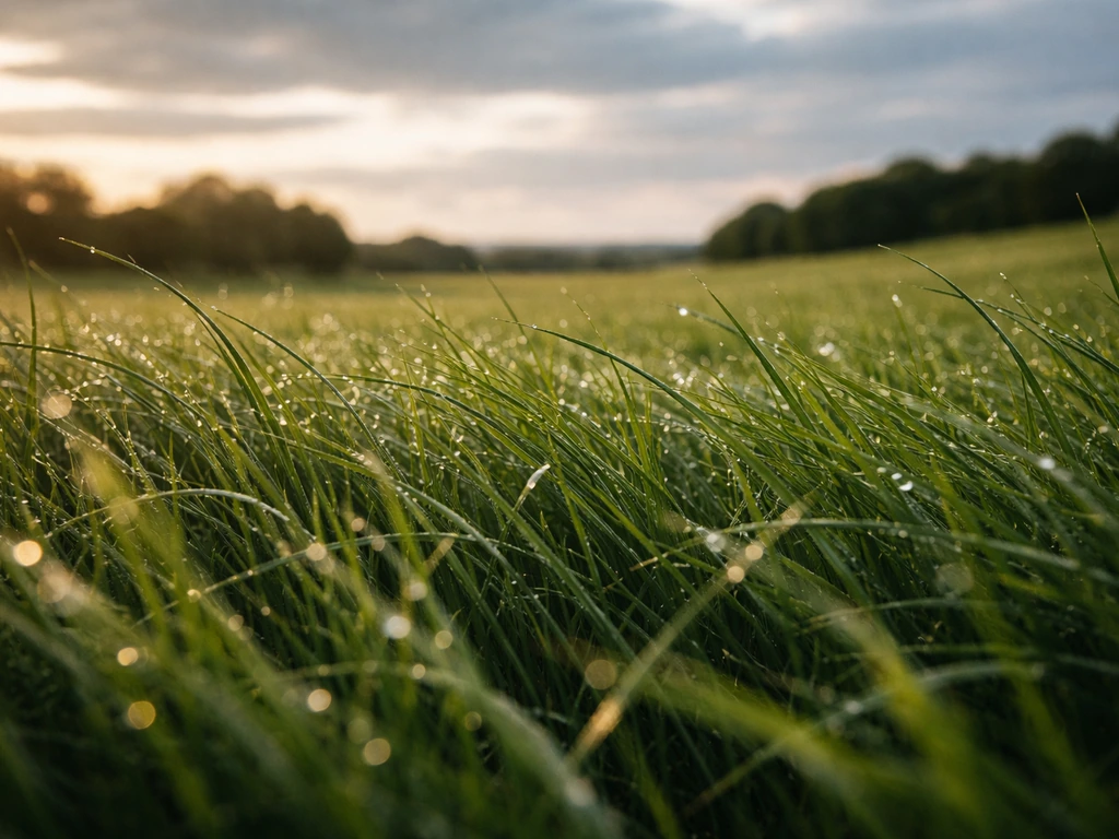 Champ d’herbe français au premier plan, rosée et nuages légers, lumière changeante pour peindre.
