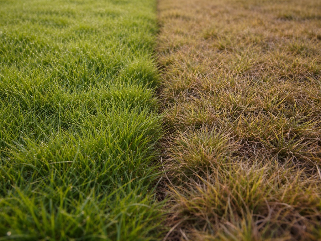 Deux zones d’herbe côte à côte : vert vif à gauche, jaune terne à droite, effet de la température visible.
