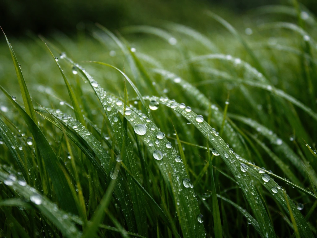 Herbe verte juste après la pluie, gouttes visibles et reflets, brins légèrement courbés par le vent