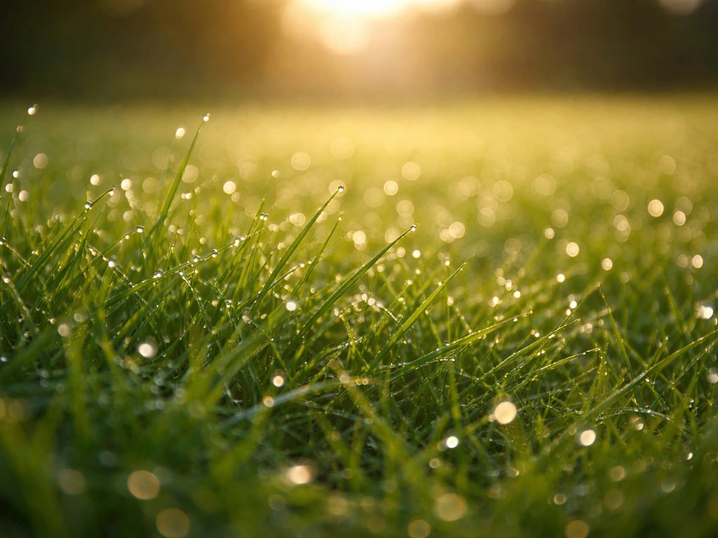 Rosée sur des brins d’herbe, lumière dorée de matin au ras du sol, arrière-plan flou