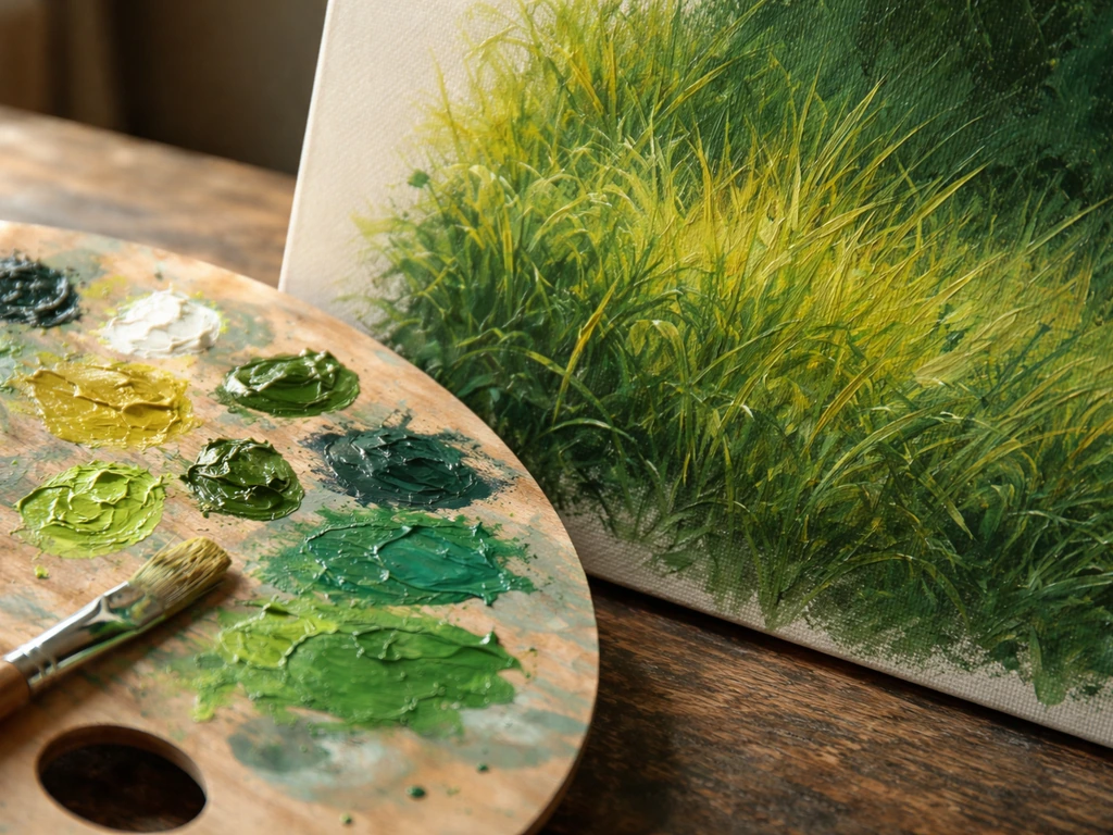 Gros plan de palette de verts avec plusieurs mélanges, sur une toile d’étude d’herbe