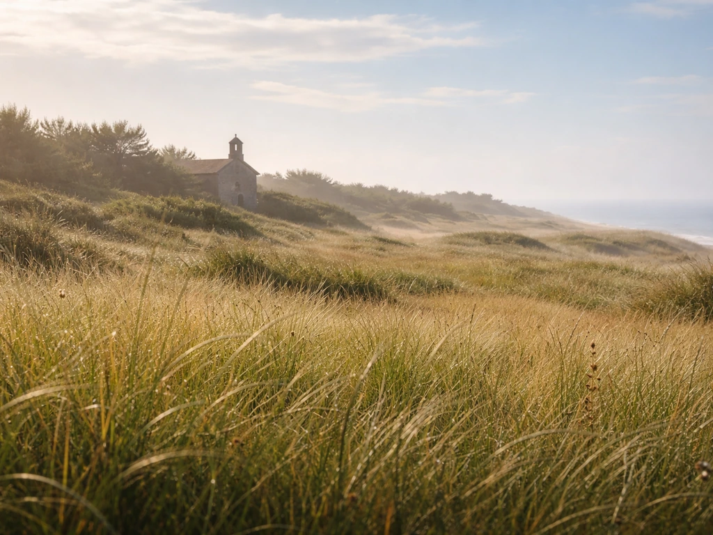 Prairie verdoyante avec des brins d’herbe au premier plan et une petite chapelle au loin, lumière atlantique.
