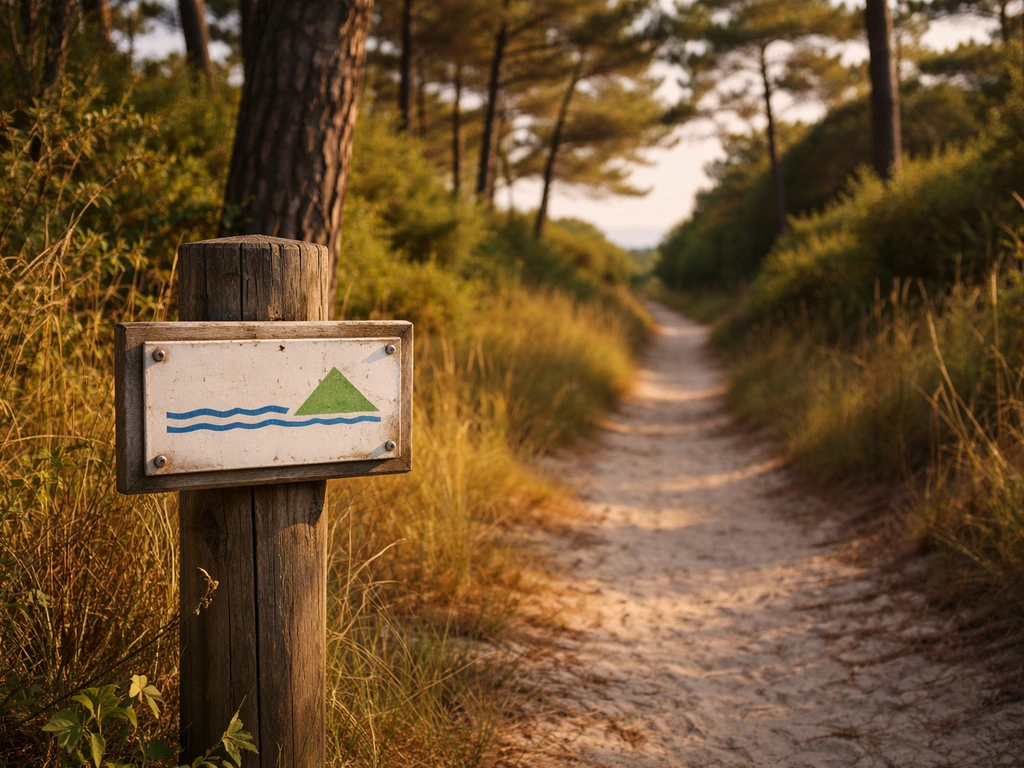 Petit panneau au bord d’un chemin près des herbes et des pins, ambiance locale sur la côte atlantique.