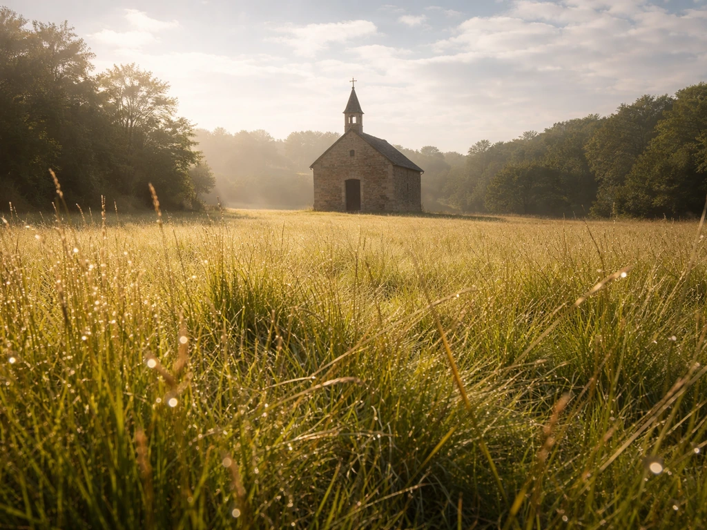 Chapelle dans un pré, herbe en contre-jour et lumière chaude du matin, ambiance paisible et minimaliste.