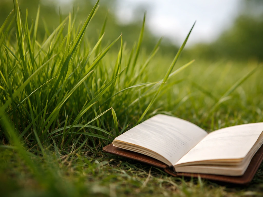 Gros plan d’herbe aux textures et variations de vert, avec un mini carnet vierge au sol.