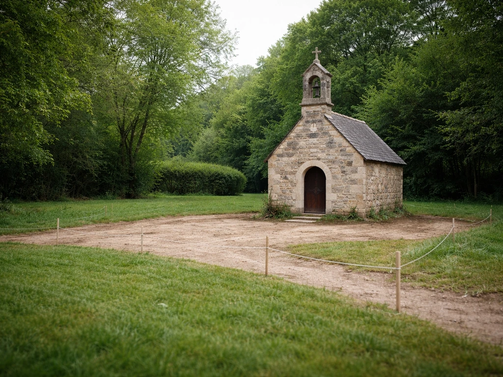 Chapelle miniature dans un jardin, cadrée à la règle des tiers, avec repères discrets et trois plans flous.