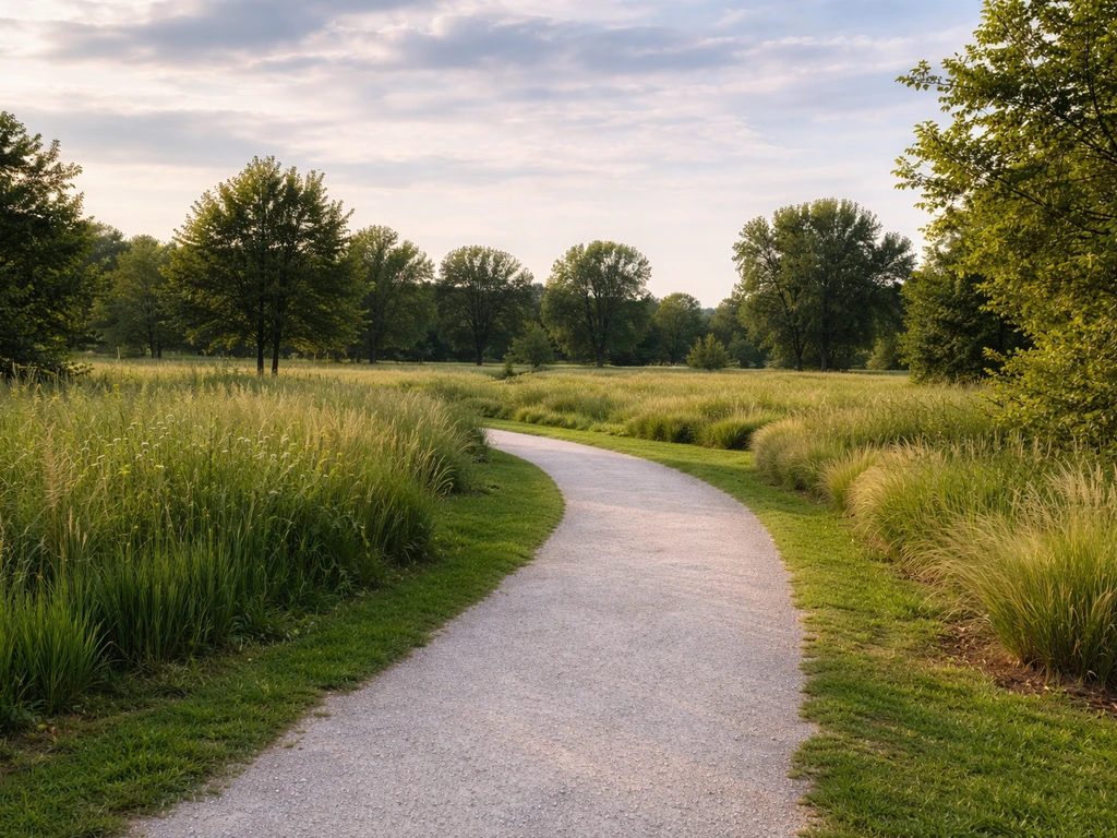 Panorama du parc avec un chemin vers l’entrée Beauregard, pelouse et végétation, pour repérer le lieu.