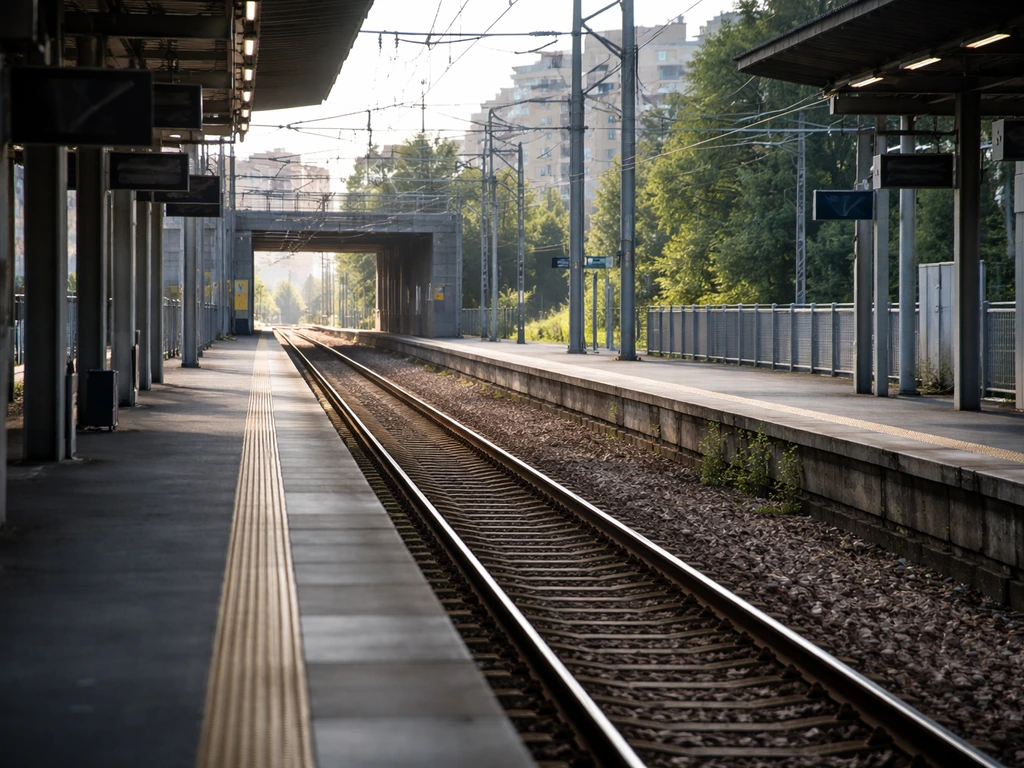 Vue depuis la gare de Poissy vers un quai du RER/Transilien, avec repère visuel pour Beauregard.