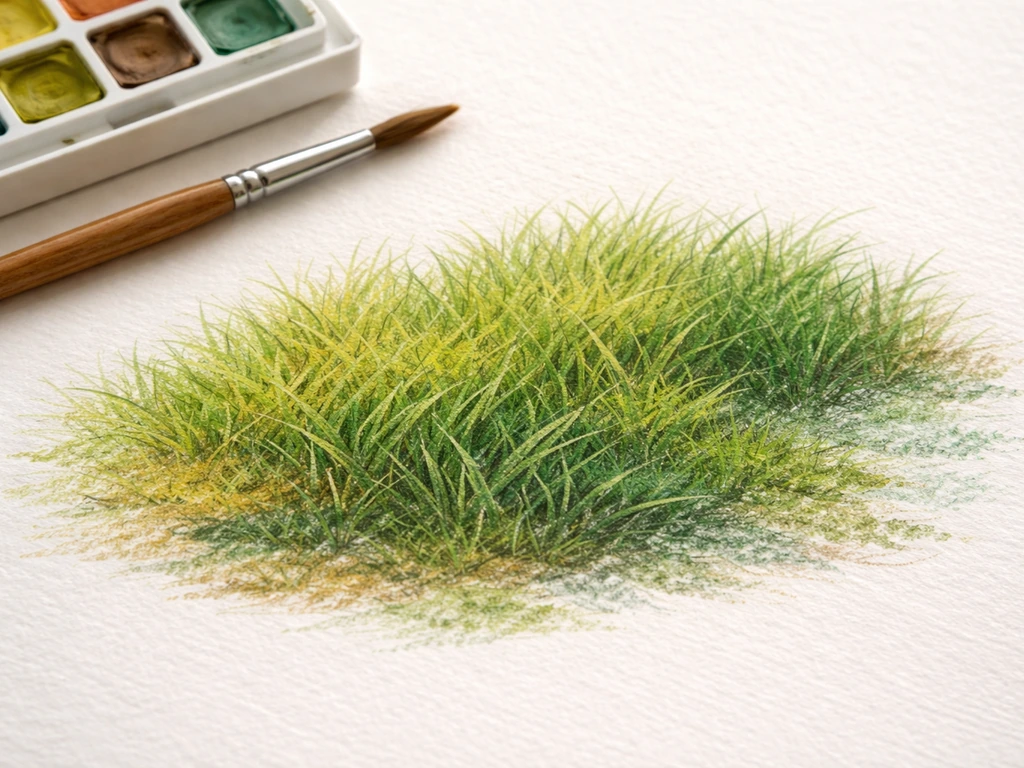 Détail d’un coloriage d’herbe corrigé : plusieurs verts, dégradés et touches ocre/bleu-gris, pinceau à côté.