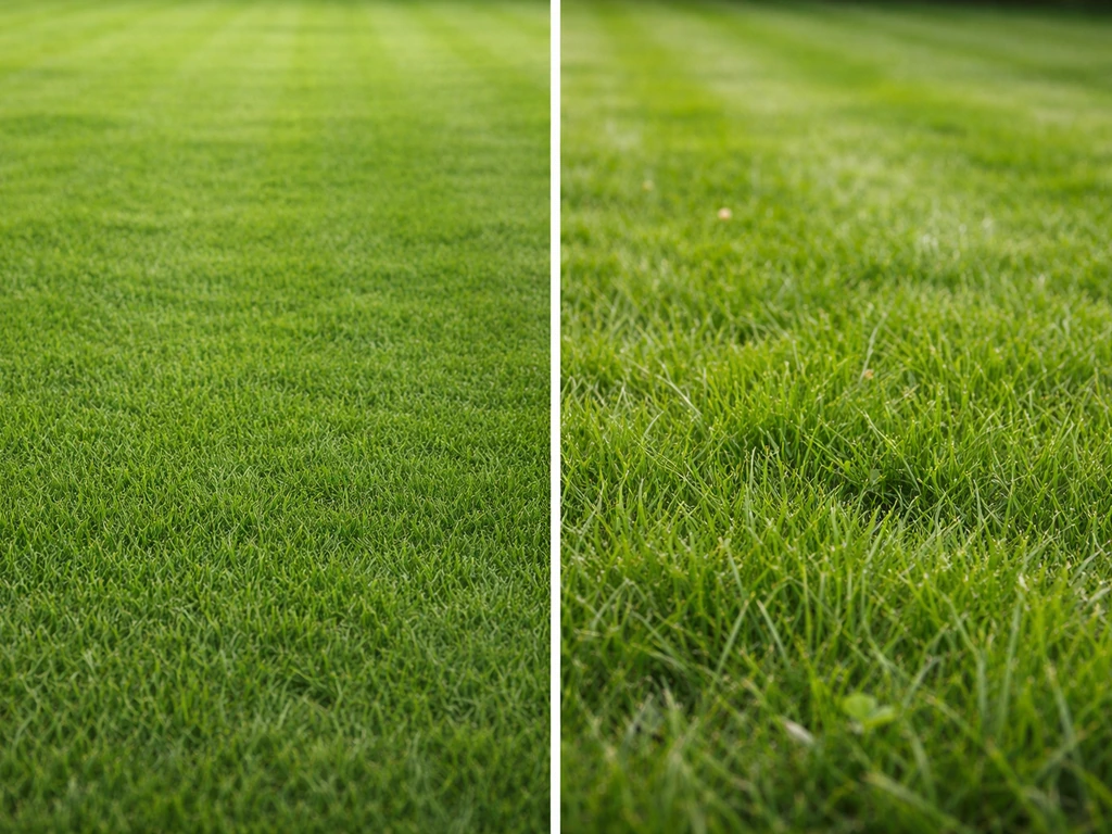 Deux vues d’une pelouse : tapis uniforme sans profondeur à gauche, pelouse corrigée avec relief et plans séparés à droit