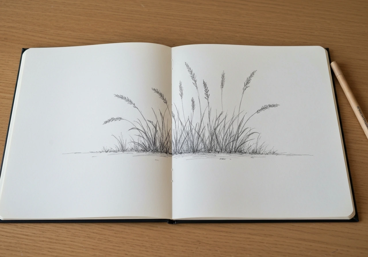 Carnet de croquis montrant une prairie d’herbe décomposée en formes simples au crayon, sur une table en bois.