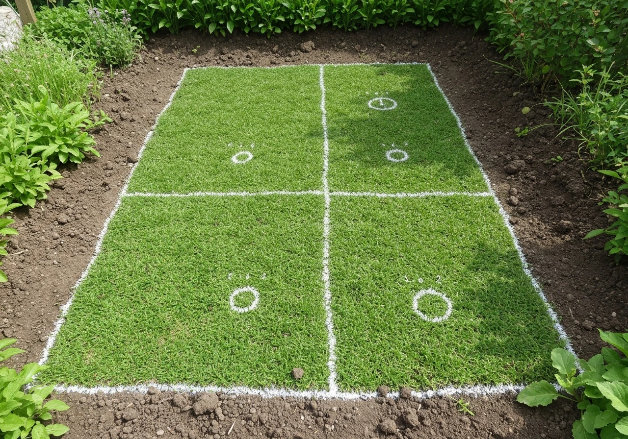 Jardin herbeux minimal avec trois zones de tailles différentes où imaginer des fleurs, repères au sol, sans texte.